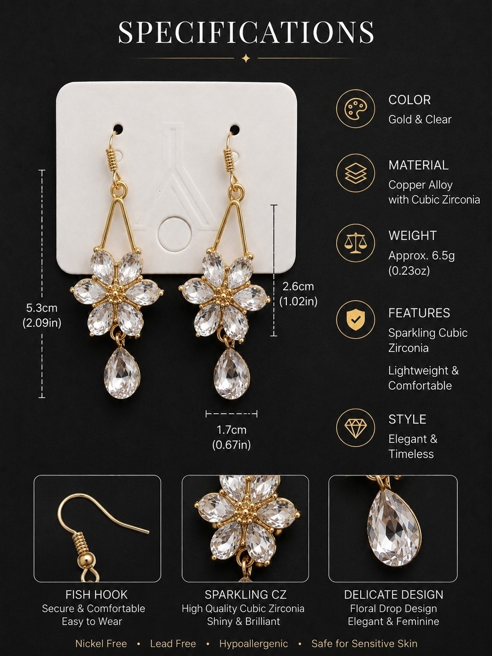 Gold Floral Crystal Drop Earrings Women Jewelry - Picture 3 of 4